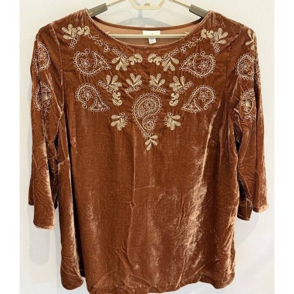 J Jill Copper Brown Velvet Embroidered Tunic Wide 3/4 Sleeves Size 2X
